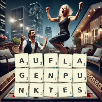 Kreative Illustration für ein Scrabble-Spiel, bei dem das Wort AUFLAGENPUNKTES mit Steinen auf dem Brett gelegt wurde.