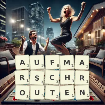 Kreative Illustration für ein Scrabble-Spiel, bei dem das Wort AUFMARSCHROUTEN mit Steinen auf dem Brett gelegt wurde.