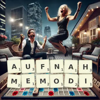 Kreative Illustration für ein Scrabble-Spiel, bei dem das Wort AUFNAHMEMODI mit Steinen auf dem Brett gelegt wurde.