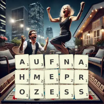 Kreative Illustration für ein Scrabble-Spiel, bei dem das Wort AUFNAHMEPROZESS mit Steinen auf dem Brett gelegt wurde.