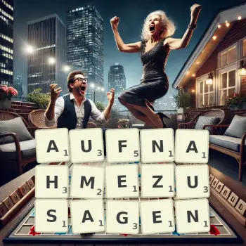 Kreative Illustration für ein Scrabble-Spiel, bei dem das Wort AUFNAHMEZUSAGEN mit Steinen auf dem Brett gelegt wurde.
