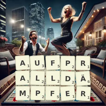 Kreative Illustration für ein Scrabble-Spiel, bei dem das Wort AUFPRALLDÄMPFER mit Steinen auf dem Brett gelegt wurde.