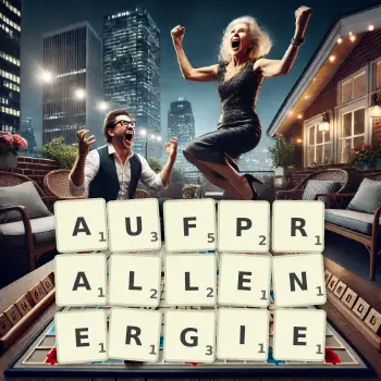 Kreative Illustration für ein Scrabble-Spiel, bei dem das Wort AUFPRALLENERGIE mit Steinen auf dem Brett gelegt wurde.