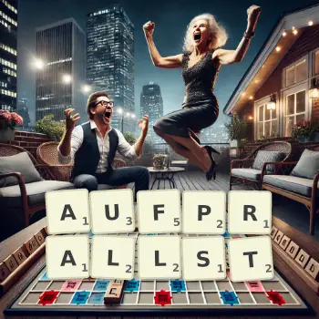Kreative Illustration für ein Scrabble-Spiel, bei dem das Wort AUFPRALLST mit Steinen auf dem Brett gelegt wurde.