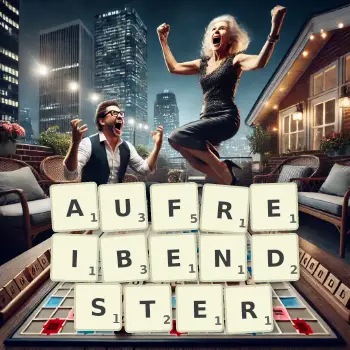 Kreative Illustration für ein Scrabble-Spiel, bei dem das Wort AUFREIBENDSTER mit Steinen auf dem Brett gelegt wurde.