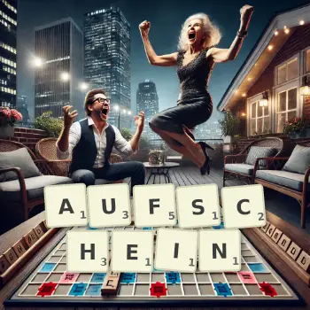 Kreative Illustration für ein Scrabble-Spiel, bei dem das Wort AUFSCHEIN mit Steinen auf dem Brett gelegt wurde.