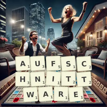 Kreative Illustration für ein Scrabble-Spiel, bei dem das Wort AUFSCHNITTWARE mit Steinen auf dem Brett gelegt wurde.