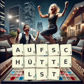 Kreative Illustration für ein Scrabble-Spiel, bei dem das Wort AUFSCHÜTTELST mit Steinen auf dem Brett gelegt wurde.