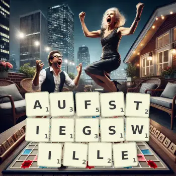 Kreative Illustration für ein Scrabble-Spiel, bei dem das Wort AUFSTIEGSWILLE mit Steinen auf dem Brett gelegt wurde.