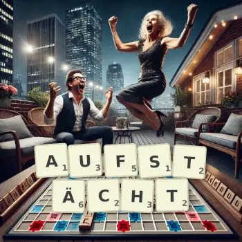 Kreative Illustration für ein Scrabble-Spiel, bei dem das Wort AUFSTÄCHT mit Steinen auf dem Brett gelegt wurde.