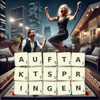 Kreative Illustration für ein Scrabble-Spiel, bei dem das Wort AUFTAKTSPRINGEN mit Steinen auf dem Brett gelegt wurde.