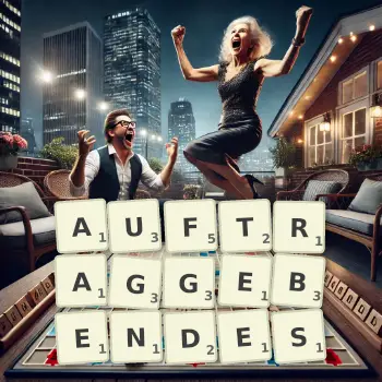 Kreative Illustration für ein Scrabble-Spiel, bei dem das Wort AUFTRAGGEBENDES mit Steinen auf dem Brett gelegt wurde.