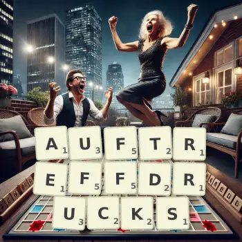 Kreative Illustration für ein Scrabble-Spiel, bei dem das Wort AUFTREFFDRUCKS mit Steinen auf dem Brett gelegt wurde.