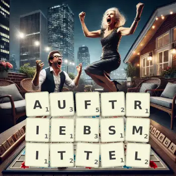 Kreative Illustration für ein Scrabble-Spiel, bei dem das Wort AUFTRIEBSMITTEL mit Steinen auf dem Brett gelegt wurde.