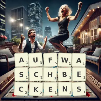 Kreative Illustration für ein Scrabble-Spiel, bei dem das Wort AUFWASCHBECKENS mit Steinen auf dem Brett gelegt wurde.