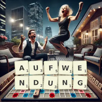 Kreative Illustration für ein Scrabble-Spiel, bei dem das Wort AUFWENDUNG mit Steinen auf dem Brett gelegt wurde.