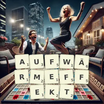 Kreative Illustration für ein Scrabble-Spiel, bei dem das Wort AUFWÄRMEFFEKT mit Steinen auf dem Brett gelegt wurde.