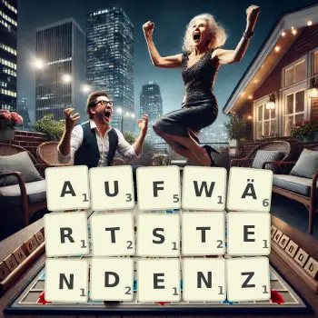 Kreative Illustration für ein Scrabble-Spiel, bei dem das Wort AUFWÄRTSTENDENZ mit Steinen auf dem Brett gelegt wurde.
