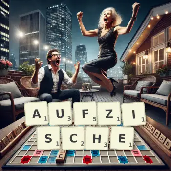 Kreative Illustration für ein Scrabble-Spiel, bei dem das Wort AUFZISCHE mit Steinen auf dem Brett gelegt wurde.