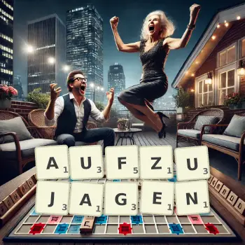 Kreative Illustration für ein Scrabble-Spiel, bei dem das Wort AUFZUJAGEN mit Steinen auf dem Brett gelegt wurde.