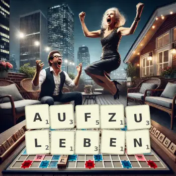 Kreative Illustration für ein Scrabble-Spiel, bei dem das Wort AUFZULEBEN mit Steinen auf dem Brett gelegt wurde.