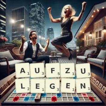 Kreative Illustration für ein Scrabble-Spiel, bei dem das Wort AUFZULEGEN mit Steinen auf dem Brett gelegt wurde.