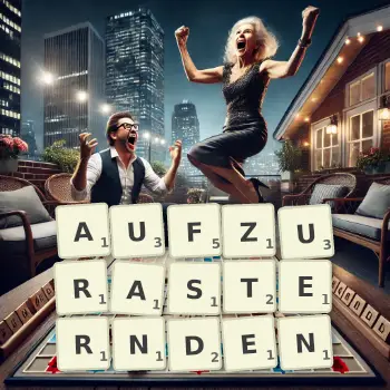 Kreative Illustration für ein Scrabble-Spiel, bei dem das Wort AUFZURASTERNDEN mit Steinen auf dem Brett gelegt wurde.