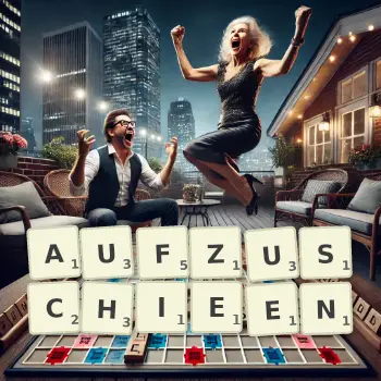 Kreative Illustration für ein Scrabble-Spiel, bei dem das Wort AUFZUSCHIEEN mit Steinen auf dem Brett gelegt wurde.
