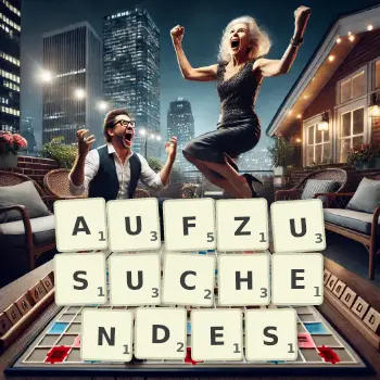 Kreative Illustration für ein Scrabble-Spiel, bei dem das Wort AUFZUSUCHENDES mit Steinen auf dem Brett gelegt wurde.
