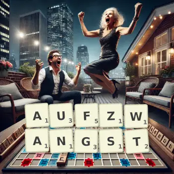 Kreative Illustration für ein Scrabble-Spiel, bei dem das Wort AUFZWANGST mit Steinen auf dem Brett gelegt wurde.