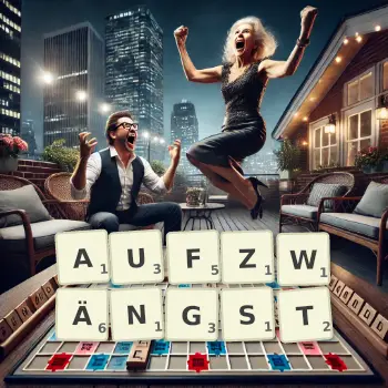 Kreative Illustration für ein Scrabble-Spiel, bei dem das Wort AUFZWÄNGST mit Steinen auf dem Brett gelegt wurde.
