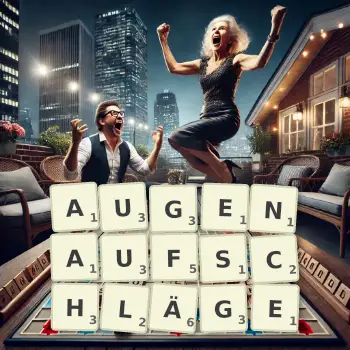 Kreative Illustration für ein Scrabble-Spiel, bei dem das Wort AUGENAUFSCHLÄGE mit Steinen auf dem Brett gelegt wurde.