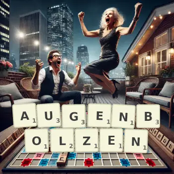 Kreative Illustration für ein Scrabble-Spiel, bei dem das Wort AUGENBOLZEN mit Steinen auf dem Brett gelegt wurde.