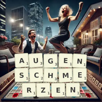 Kreative Illustration für ein Scrabble-Spiel, bei dem das Wort AUGENSCHMERZEN mit Steinen auf dem Brett gelegt wurde.