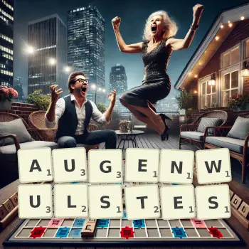 Kreative Illustration für ein Scrabble-Spiel, bei dem das Wort AUGENWULSTES mit Steinen auf dem Brett gelegt wurde.