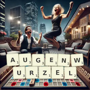 Kreative Illustration für ein Scrabble-Spiel, bei dem das Wort AUGENWURZEL mit Steinen auf dem Brett gelegt wurde.