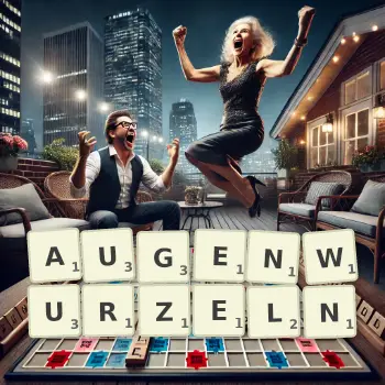 Kreative Illustration für ein Scrabble-Spiel, bei dem das Wort AUGENWURZELN mit Steinen auf dem Brett gelegt wurde.