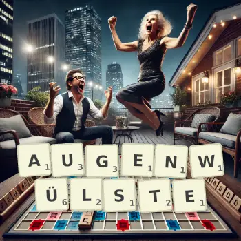 Kreative Illustration für ein Scrabble-Spiel, bei dem das Wort AUGENWÜLSTE mit Steinen auf dem Brett gelegt wurde.