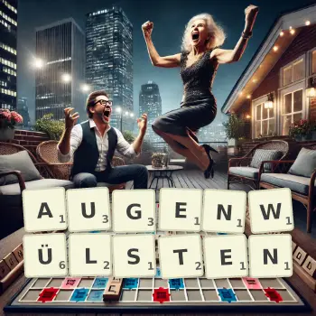Kreative Illustration für ein Scrabble-Spiel, bei dem das Wort AUGENWÜLSTEN mit Steinen auf dem Brett gelegt wurde.