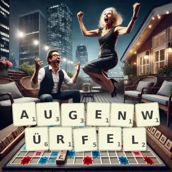 Kreative Illustration für ein Scrabble-Spiel, bei dem das Wort AUGENWÜRFEL mit Steinen auf dem Brett gelegt wurde.