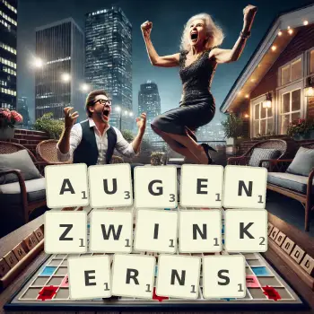 Kreative Illustration für ein Scrabble-Spiel, bei dem das Wort AUGENZWINKERNS mit Steinen auf dem Brett gelegt wurde.