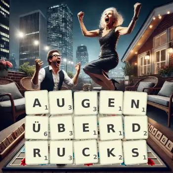 Kreative Illustration für ein Scrabble-Spiel, bei dem das Wort AUGENÜBERDRUCKS mit Steinen auf dem Brett gelegt wurde.