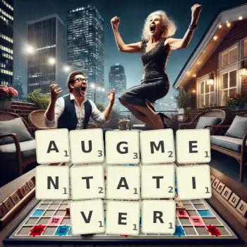 Kreative Illustration für ein Scrabble-Spiel, bei dem das Wort AUGMENTATIVER mit Steinen auf dem Brett gelegt wurde.
