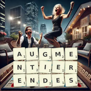 Kreative Illustration für ein Scrabble-Spiel, bei dem das Wort AUGMENTIERENDES mit Steinen auf dem Brett gelegt wurde.