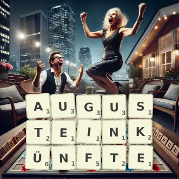 Kreative Illustration für ein Scrabble-Spiel, bei dem das Wort AUGUSTEINKÜNFTE mit Steinen auf dem Brett gelegt wurde.