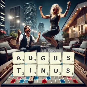 Kreative Illustration für ein Scrabble-Spiel, bei dem das Wort AUGUSTINUS mit Steinen auf dem Brett gelegt wurde.