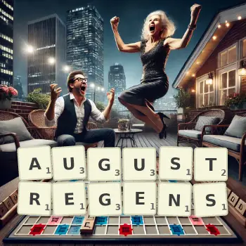 Kreative Illustration für ein Scrabble-Spiel, bei dem das Wort AUGUSTREGENS mit Steinen auf dem Brett gelegt wurde.