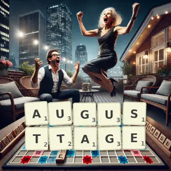 Kreative Illustration für ein Scrabble-Spiel, bei dem das Wort AUGUSTTAGE mit Steinen auf dem Brett gelegt wurde.