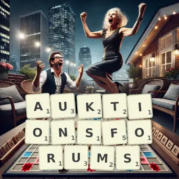 Kreative Illustration für ein Scrabble-Spiel, bei dem das Wort AUKTIONSFORUMS mit Steinen auf dem Brett gelegt wurde.