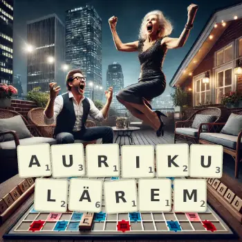 Kreative Illustration für ein Scrabble-Spiel, bei dem das Wort AURIKULÄREM mit Steinen auf dem Brett gelegt wurde.